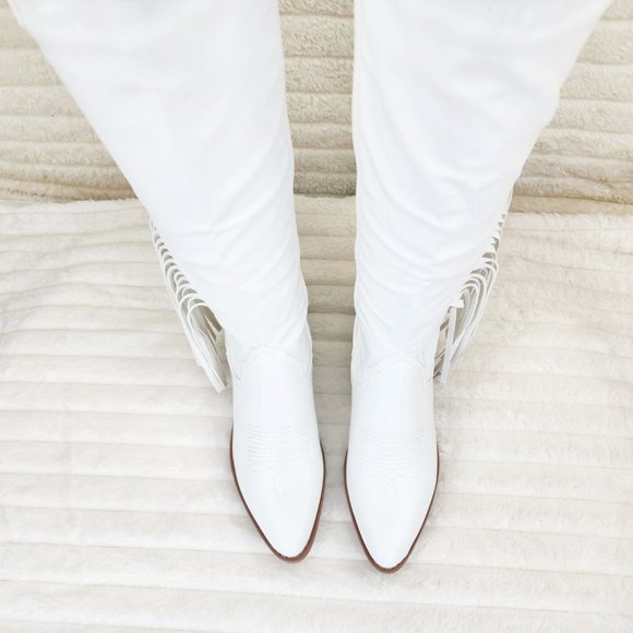 Wild One White Fringe Cowboy Cowgirl Boots Plus Plus size Friendly - Picture 6 of 13